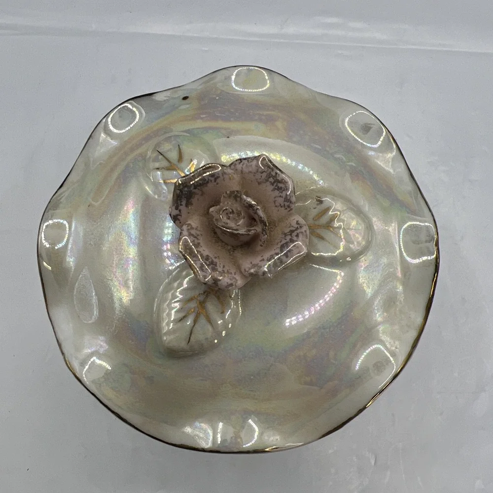 Vintage Iridescent Porcelain Trinket Box Applied Rose Lusterware Jewelry Dish